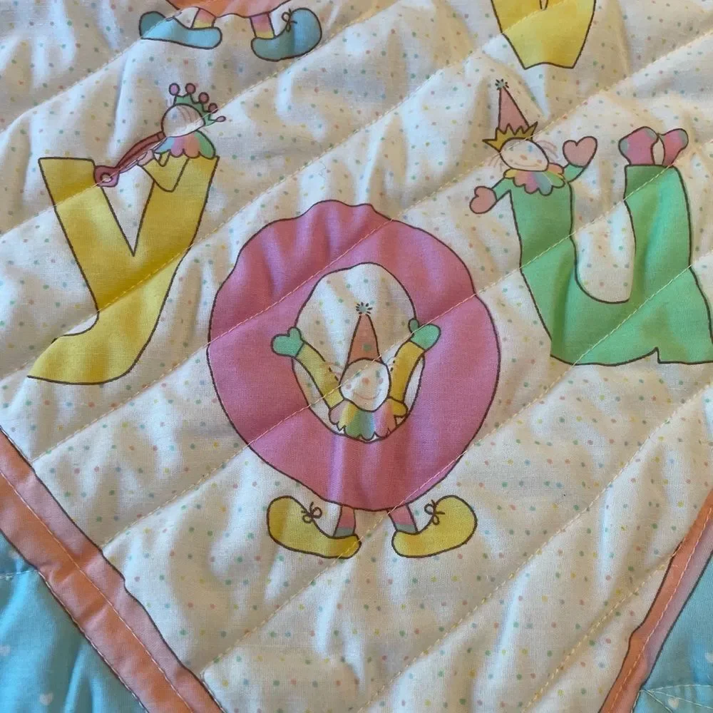 Vintage Quilted I Love You Clown Baby Blanket 39x30